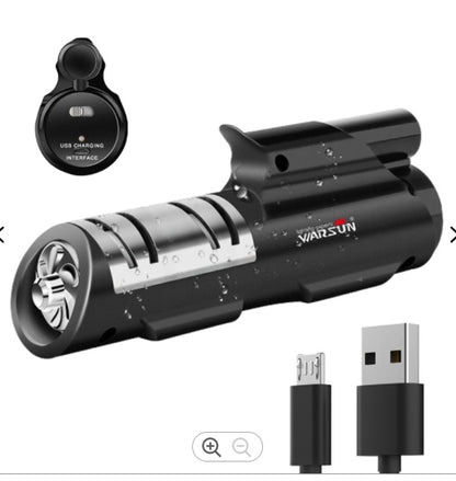 Electric knife sharpener with USB charging interface and cables on a white background