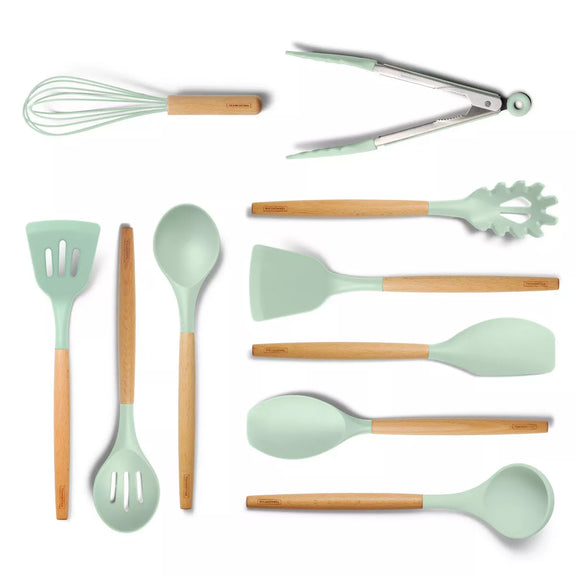 Set of kitchen utensils with green silicone heads and wooden handles on a white background