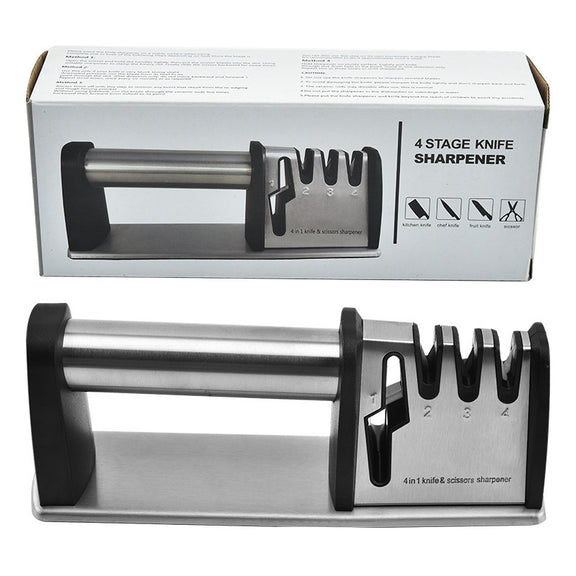 Knife sharpener with packaging displaying '4 Stage Knife Sharpener' text.