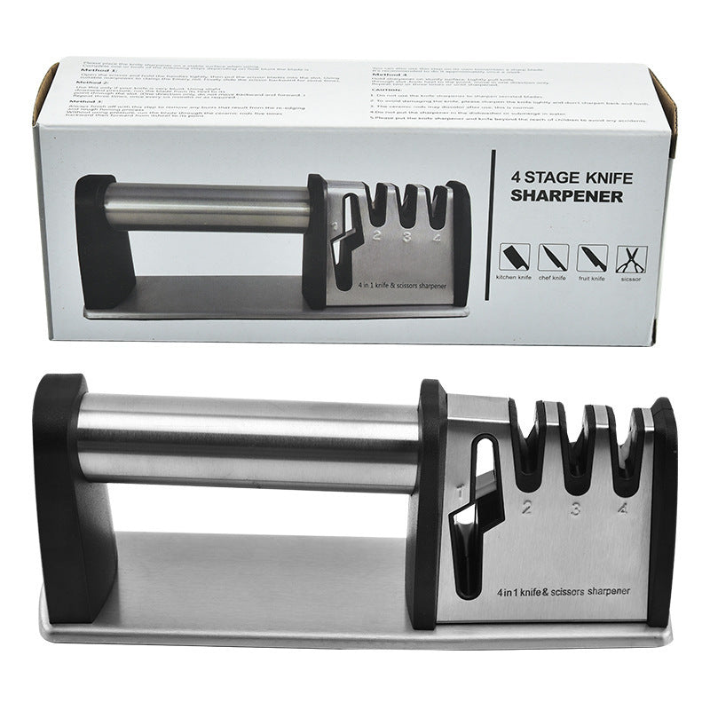 Knife sharpener with packaging displaying '4 Stage Knife Sharpener' text.