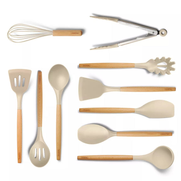 Set of kitchen utensils including a whisk, tongs, spatulas, and spoons on a white background
