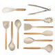 Set of kitchen utensils including a whisk, tongs, spatulas, and spoons on a white background