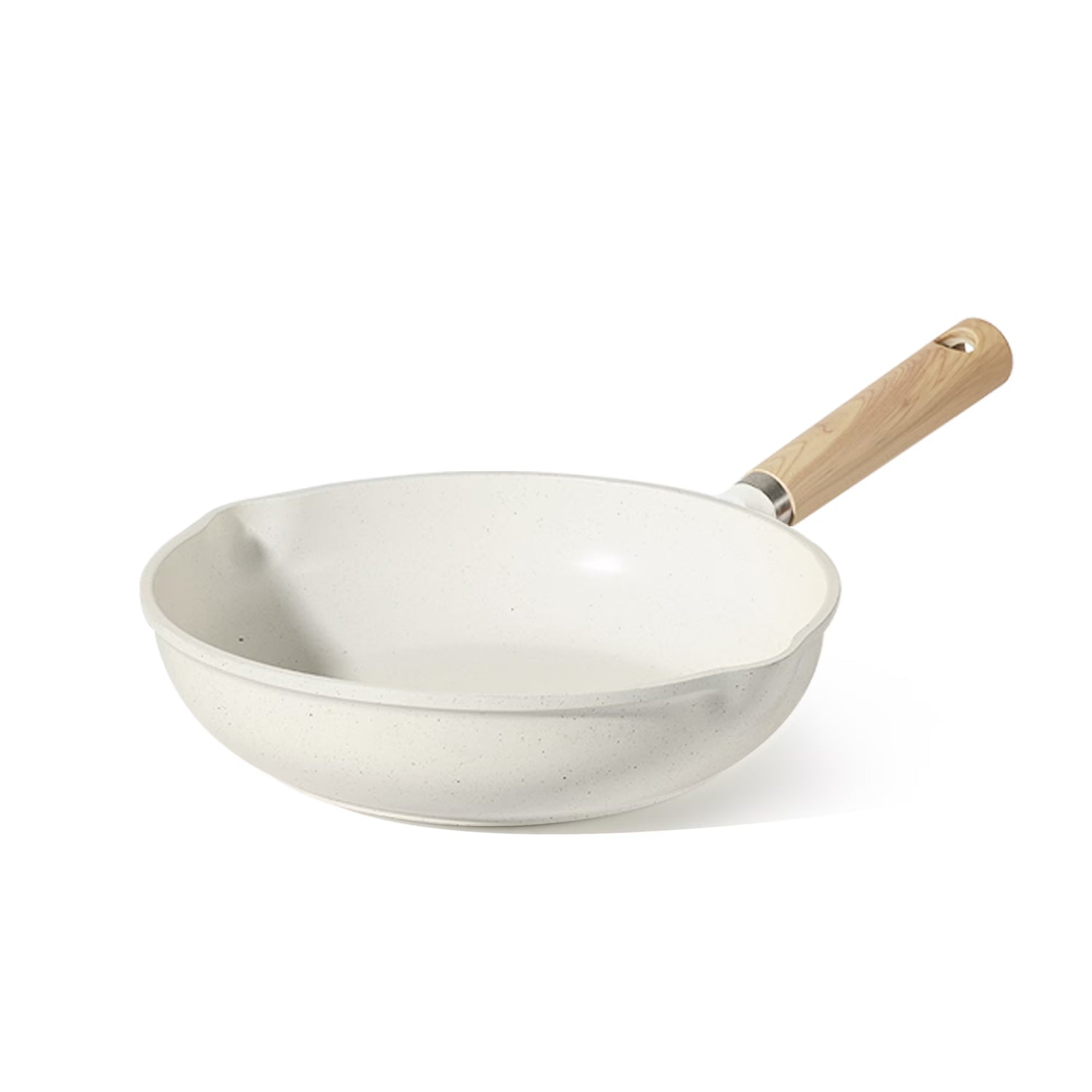 White frying pan with a wooden handle on a white background