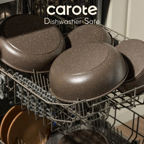 Dishwasher rack with speckled brown Pots, labeled 'carote Dishwasher Safe'.