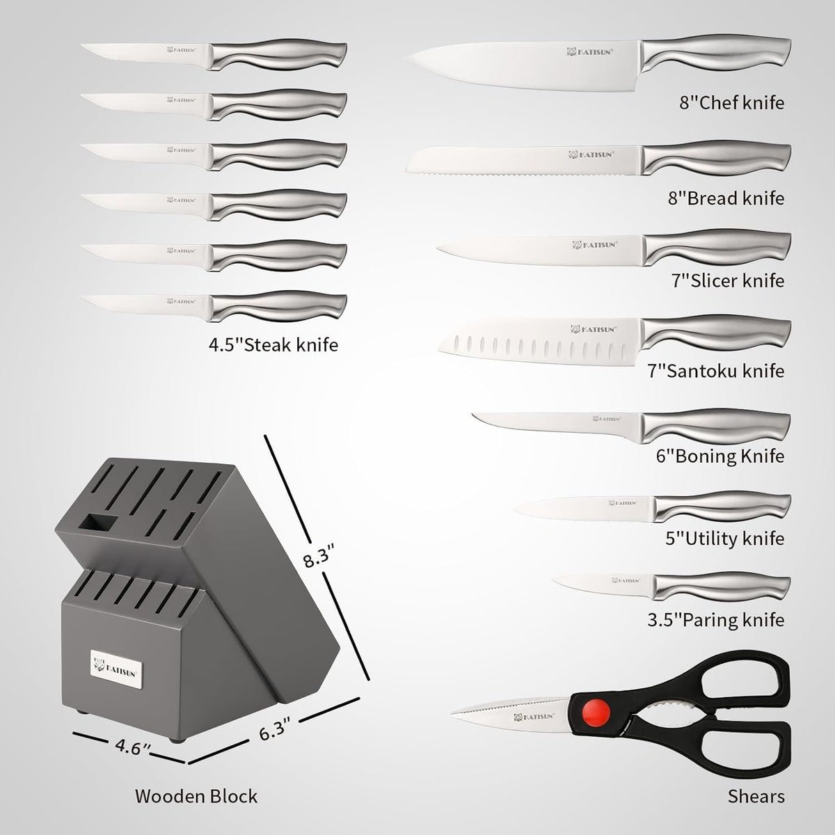 Set of knives with their names and a knife block on a gray background