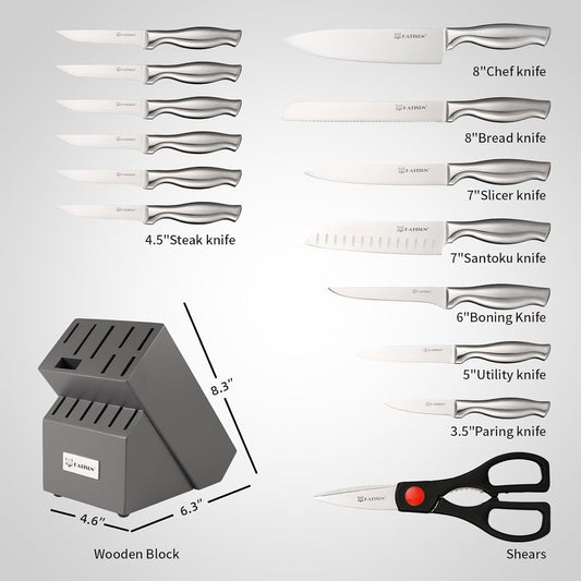 15 Piece Silver Hollow Ergonomic Handle Knife Set With Block