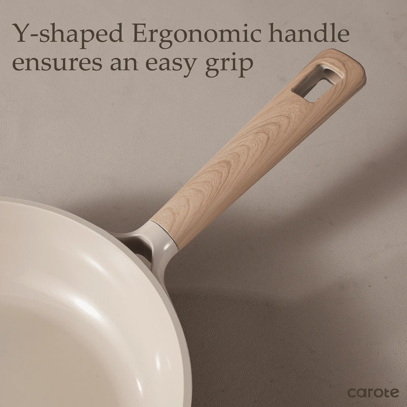 Taupe frying pan with a wooden handle on a beige background, featuring text about ergonomic design.