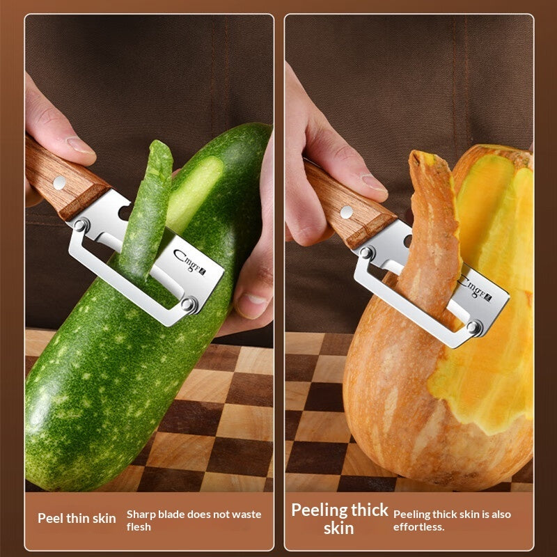 Peeler being used to peel a zucchini and a pumpkin on a checkered surface.