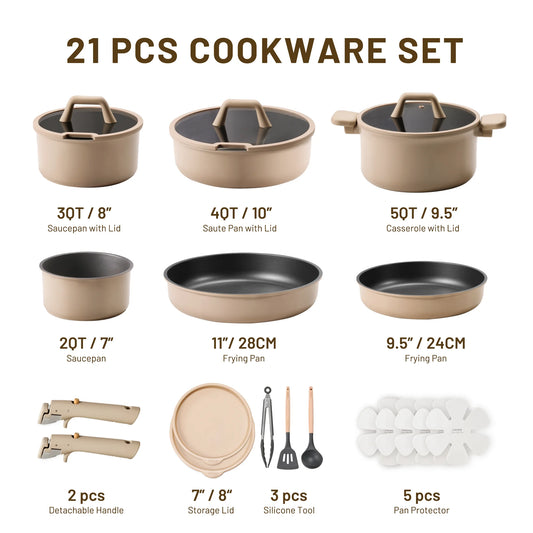 21-piece cookware set with various pots, pans, and accessories on a white background
