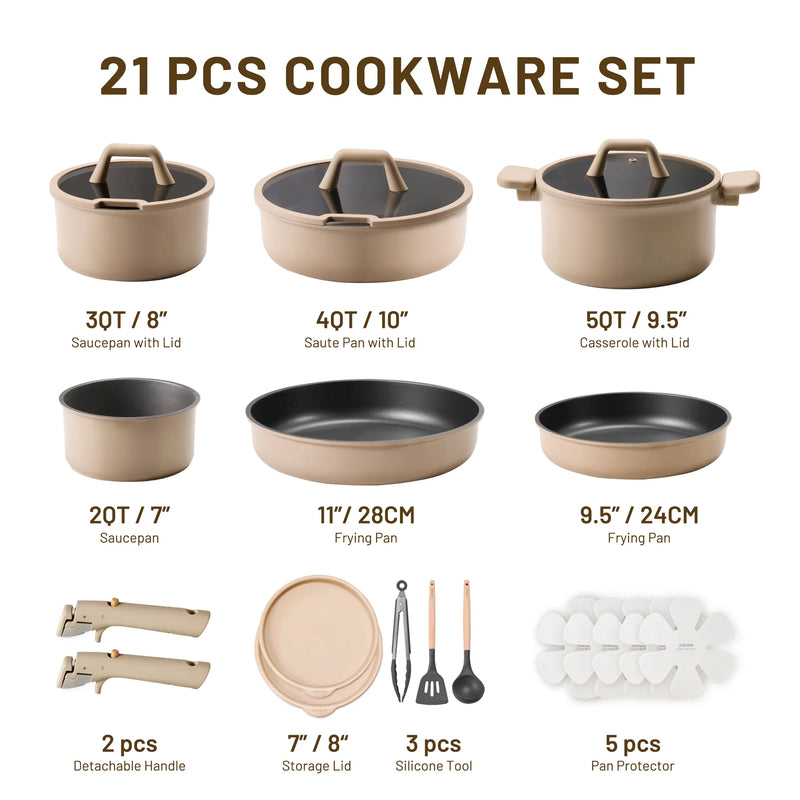 21-piece cookware set with various pots, pans, and accessories on a white background