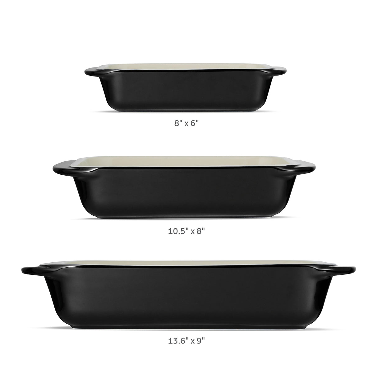 Set of three black baking dishes with measurements on a white background