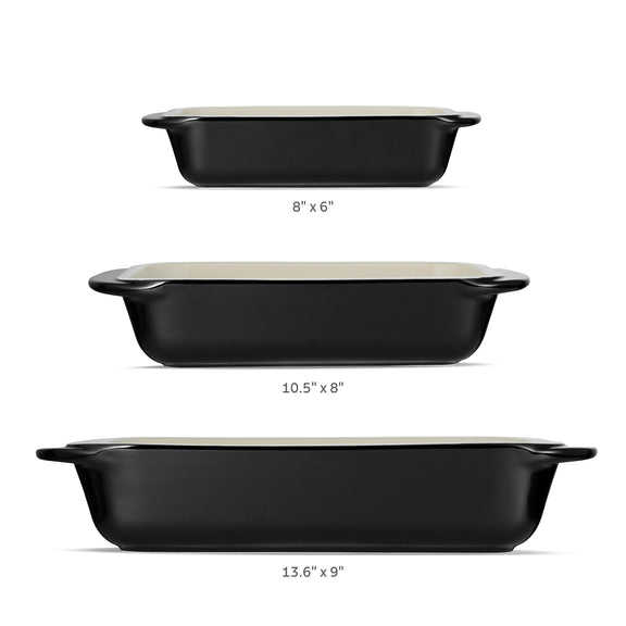 Set of three black baking dishes with measurements on a white background