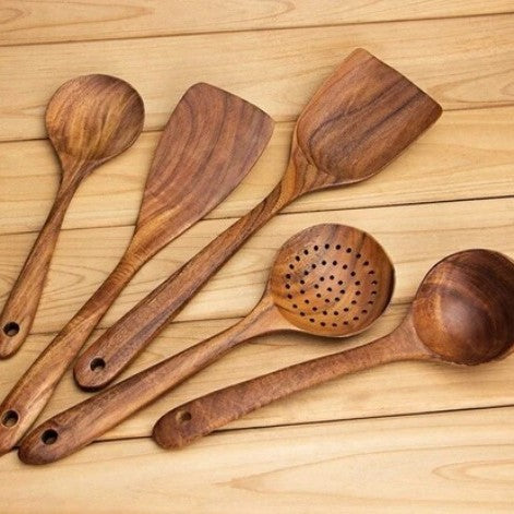 Teak Natural Wood Ladle Turner Colander Soup Skimmer Tool Set
