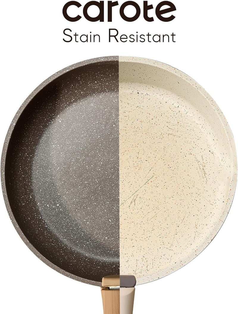 Stainless steel frying pan with a speckled pattern on a white background, featuring the brand 'carote'.