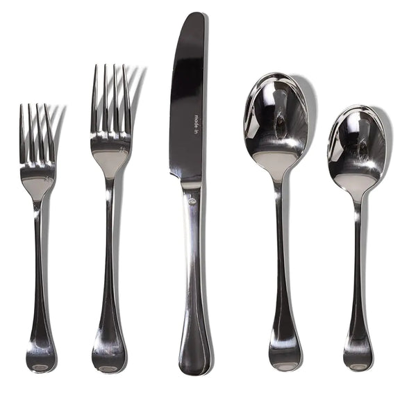 Set of silver cutlery including forks, knife, and spoons on a white background