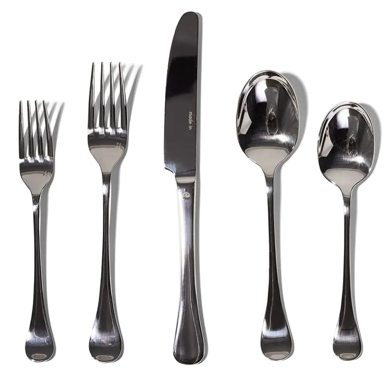 Set of silver cutlery including forks, knife, and spoons on a white background