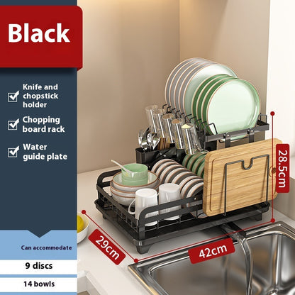 Dish drying rack with measurements and features on a kitchen counter.