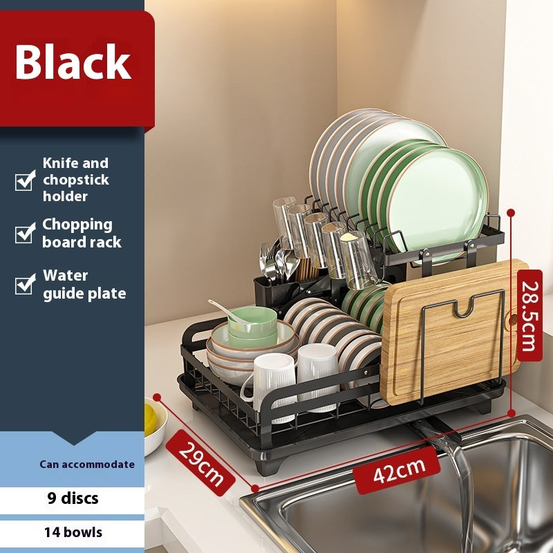 Dish drying rack with measurements and features on a kitchen counter.