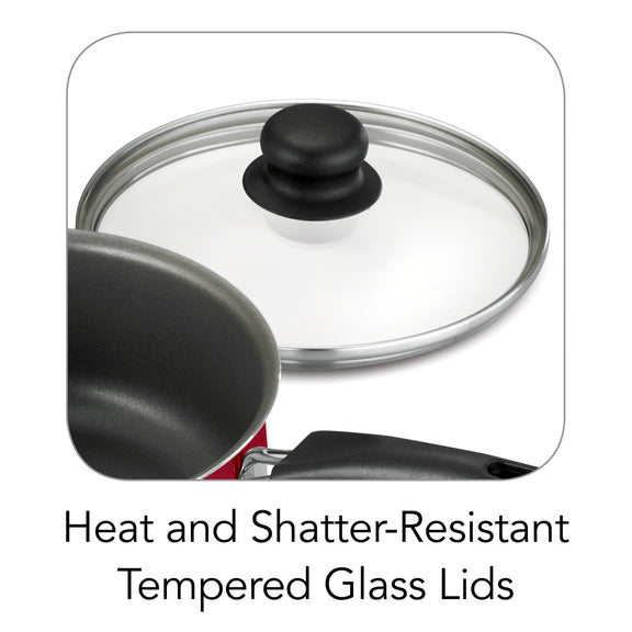 Heat and shatter-resistant tempered glass lid on a pot with text overlay.