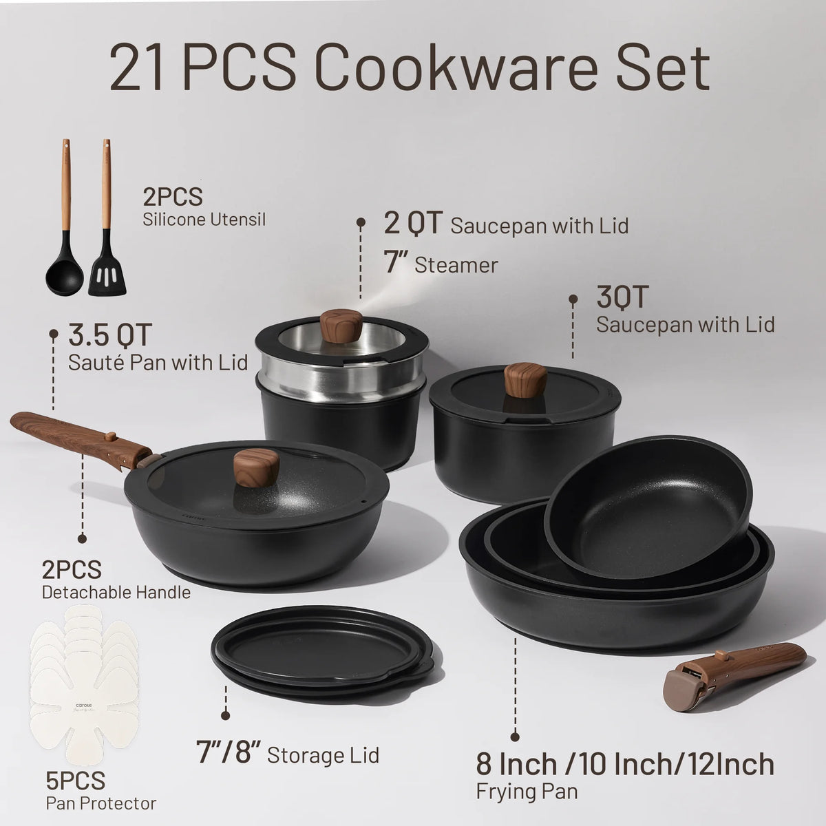 21-piece cookware set with various pots, pans, and utensils on a light background