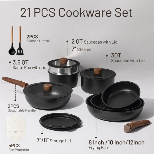 21-piece cookware set with various pots, pans, and utensils on a light background