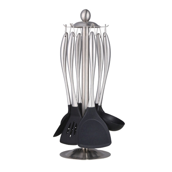 Set of black kitchen utensils with silver stands on a white background