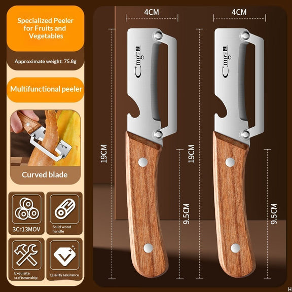 Two Multifunctional peelers with wooden handle and curved blade.