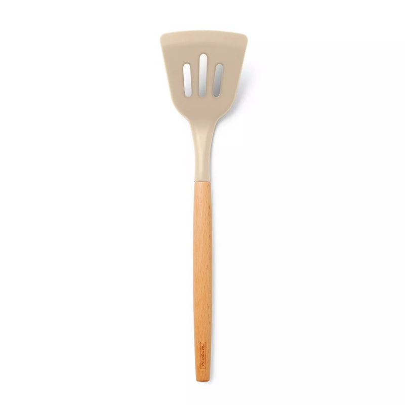 Beige spatula with wooden handle on a white background