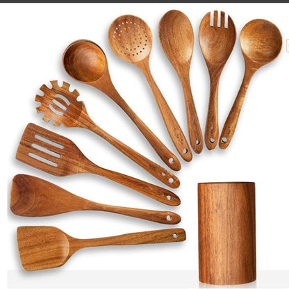 Teak Natural Wood Ladle Turner Colander Soup Skimmer Tool Set