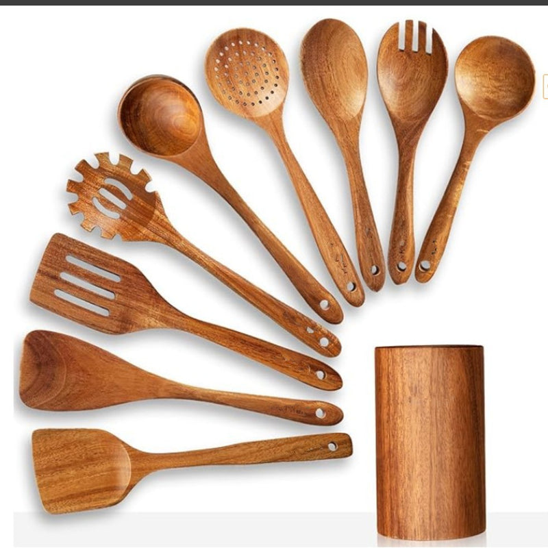 Teak Natural Wood Ladle Turner Colander Soup Skimmer Tool Set