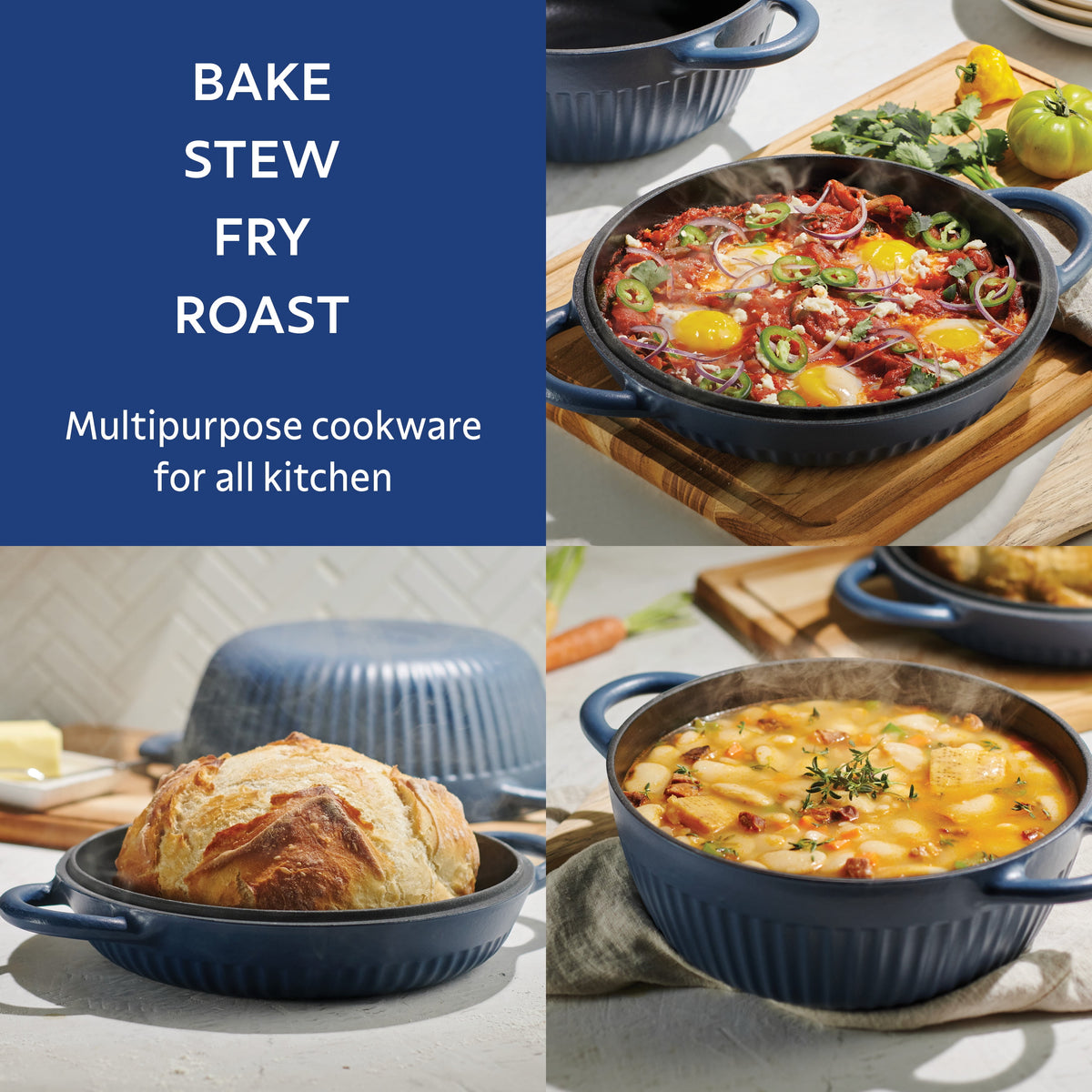 Tramontina 4 QT Enameled Cast Iron Dutch Oven for Bread Baking Blue