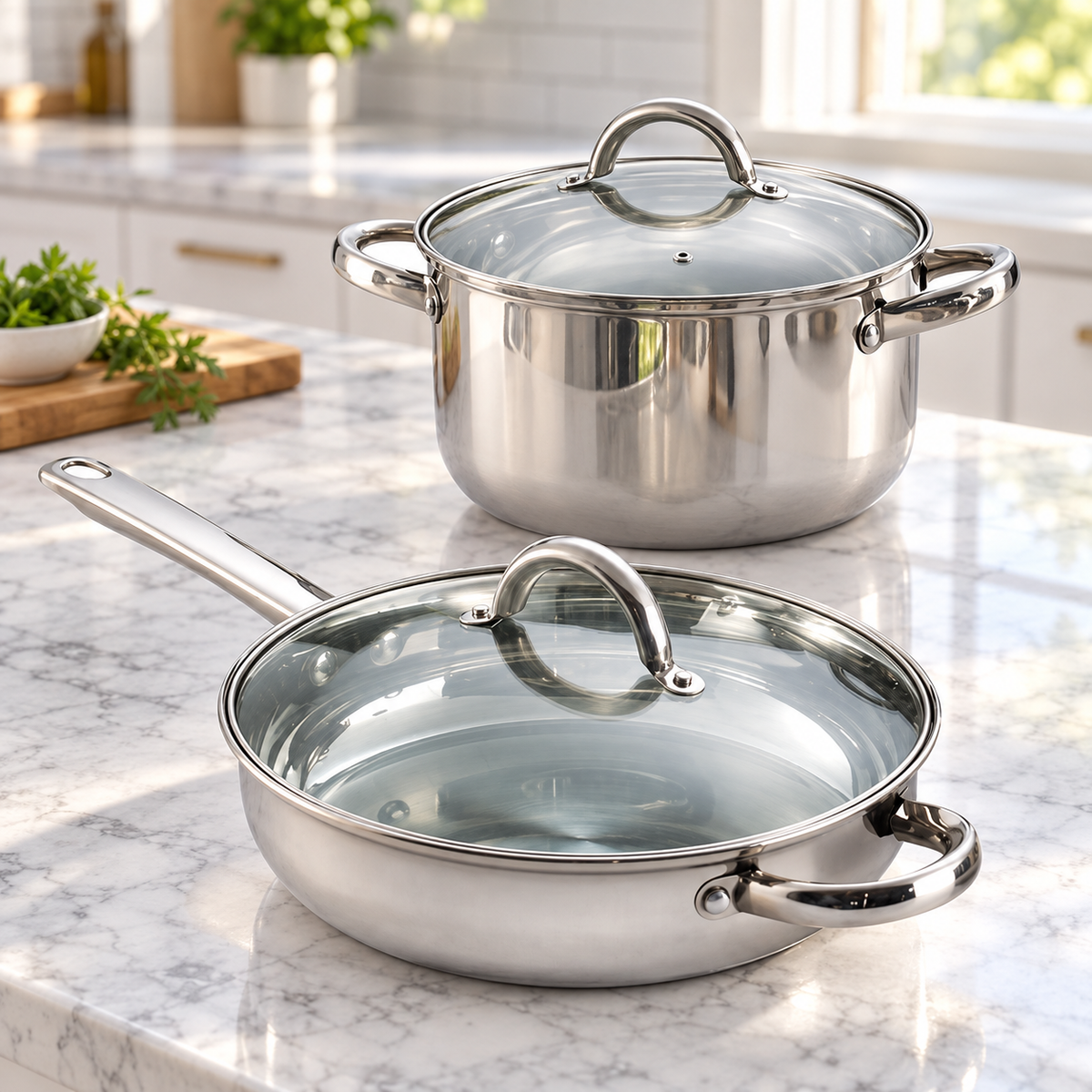 Stainless steel frying pan and stockpot with glass lids on a marble kitchen island
