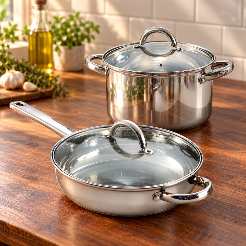 Stainless steel frying pan and stockpot with glass lids on a wood kitchen counter