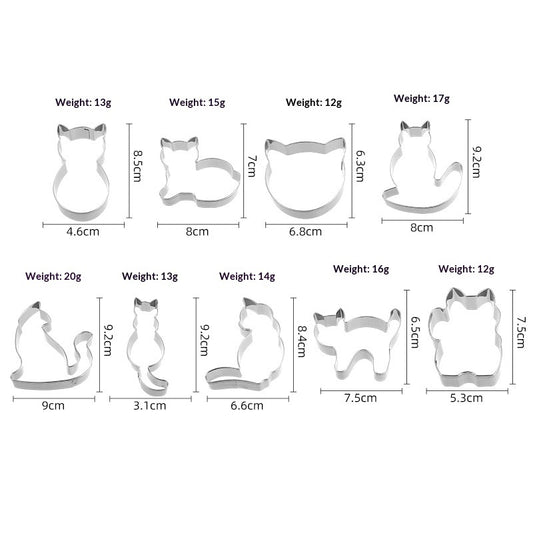 Set of metal cookie cutters with dimensions and weights on a white background