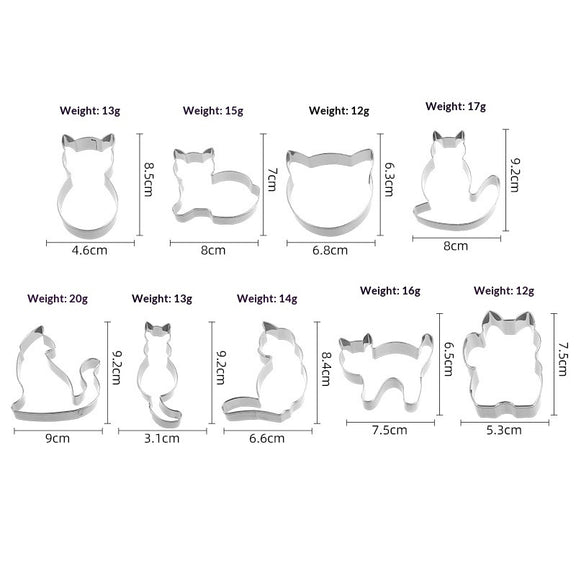 Set of metal cookie cutters with dimensions and weights on a white background
