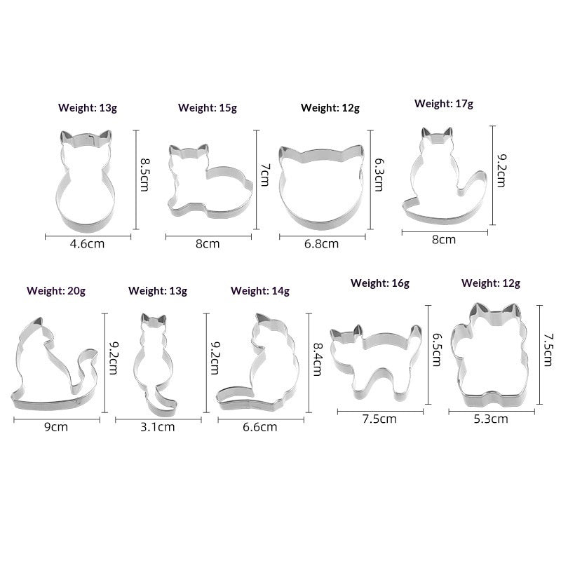 Set of metal cookie cutters with dimensions and weights on a white background