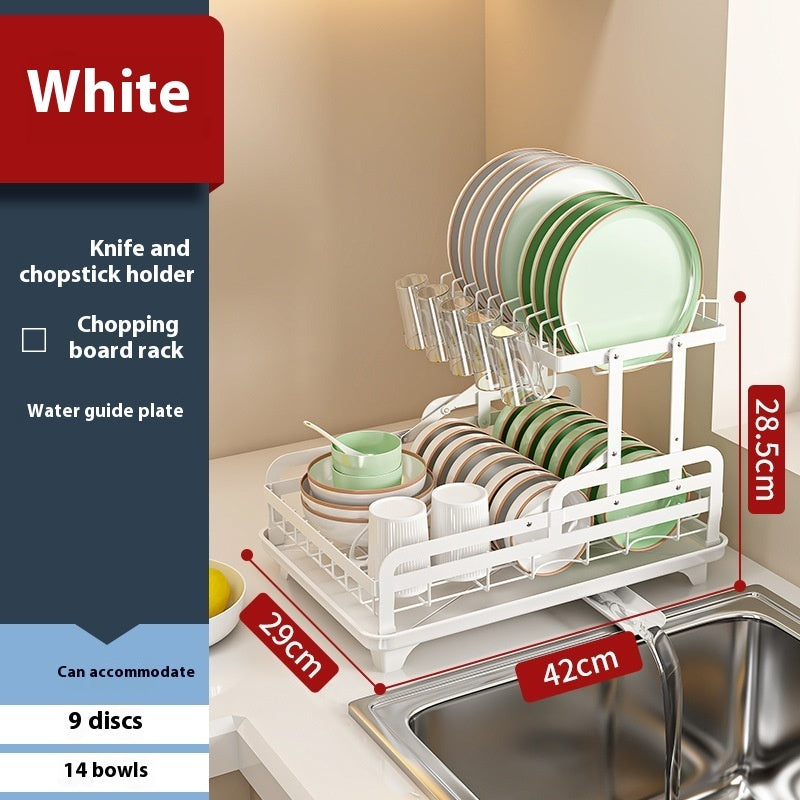White dish drying rack with measurements and product features on a kitchen counter.