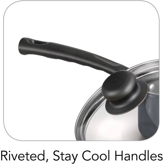 Close-up of a pot with a black handle and glass lid on a white background