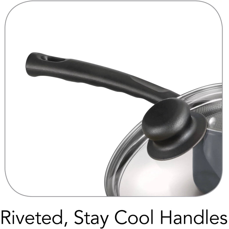 Close-up of a pot with a black handle and glass lid on a white background