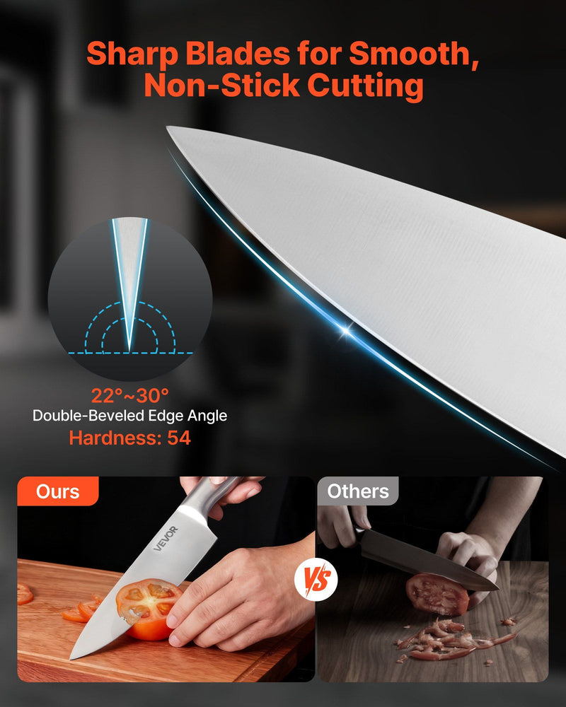 Knife with sharp blade feature and comparison to other knives on a dark background