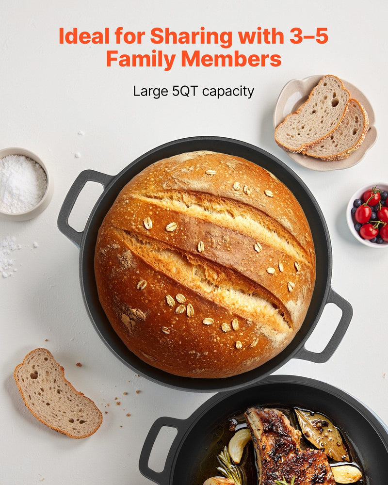 Large black cast iron skillet with a loaf of bread, ideal for sharing with 3-5 family members.