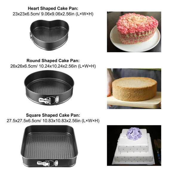 Cake pans with heart, round, and square shapes, along with cakes baked in them.