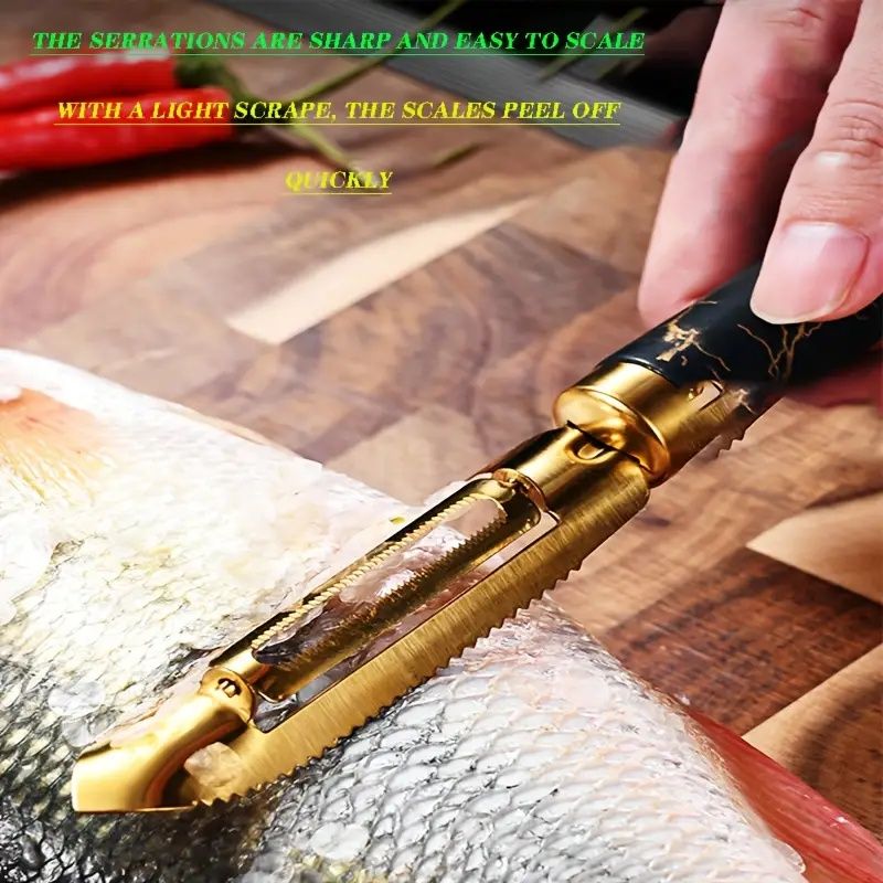 Gold fish scaler being used on a fish with text describing its features.