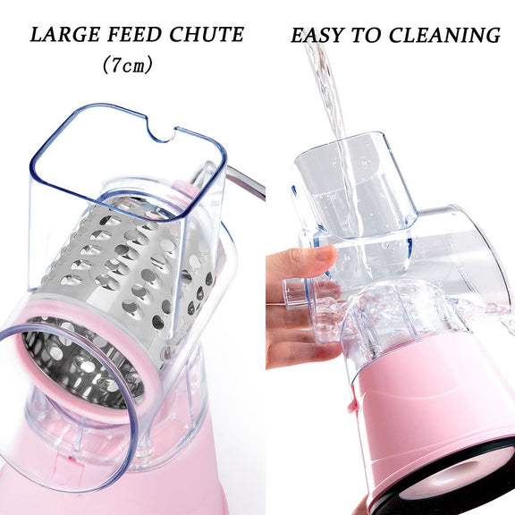 Pink food processor with large feed chute and ease of cleaning features on a white background
