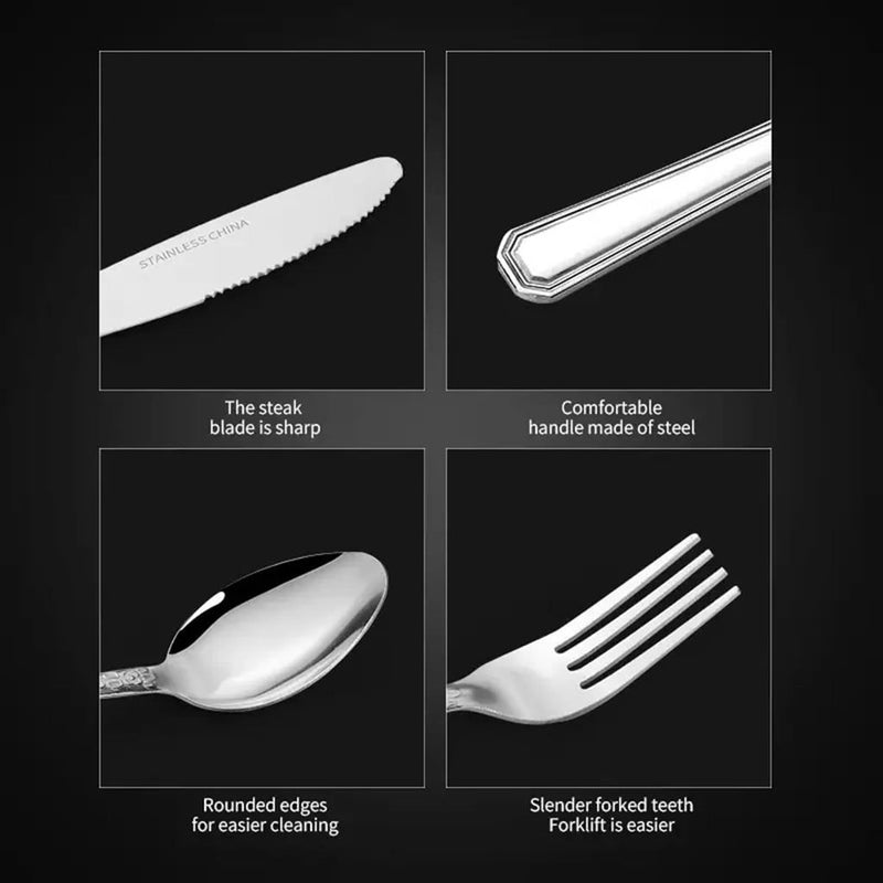 Collection of silver cutlery with features highlighted on a black background