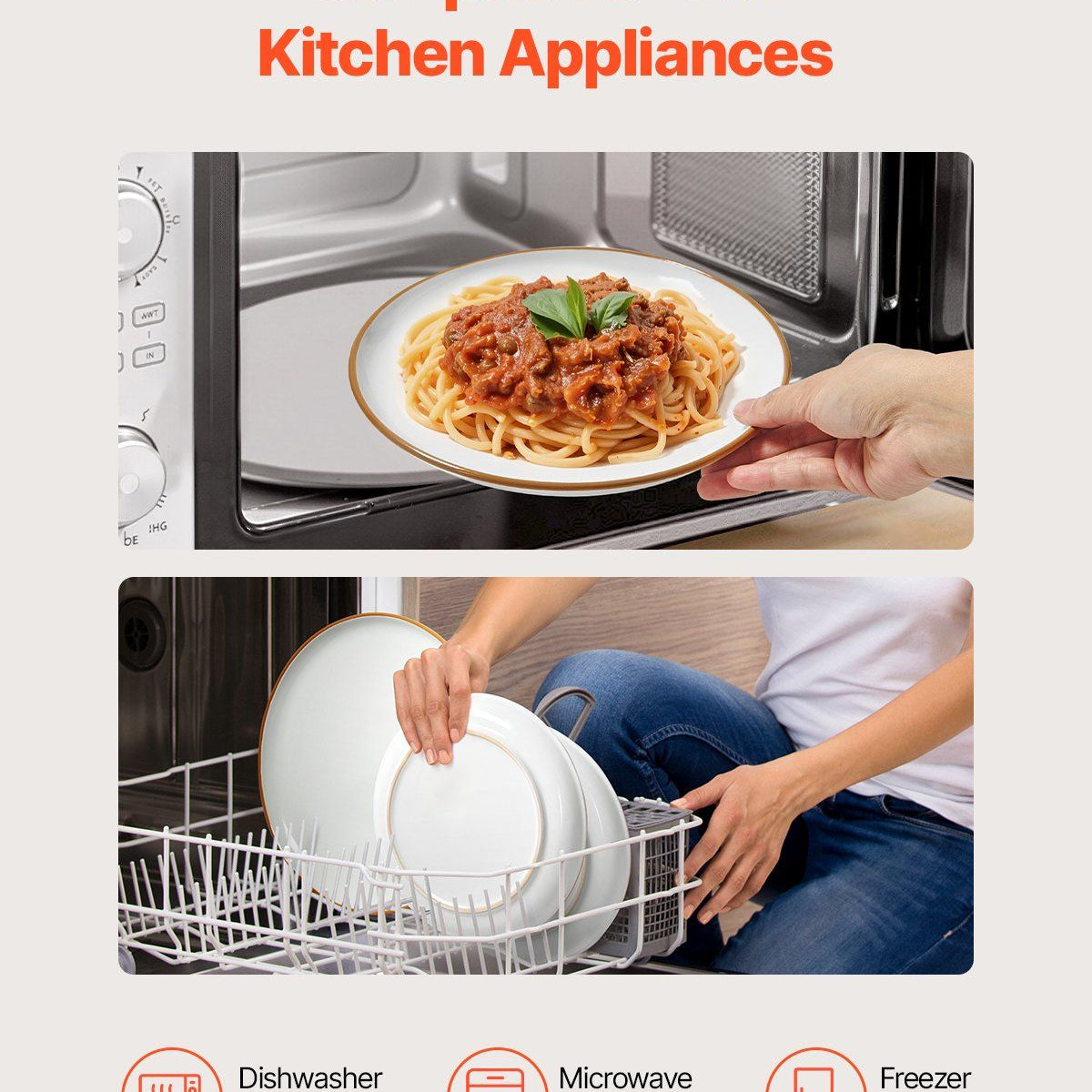 Product compatibility with kitchen appliances shown with a plate of spaghetti in a microwave and a person loading dishes into a dishwasher.