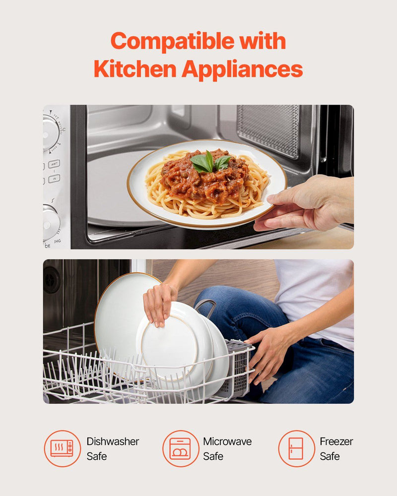 Product compatibility with kitchen appliances shown with a plate of spaghetti in a microwave and a person loading dishes into a dishwasher.