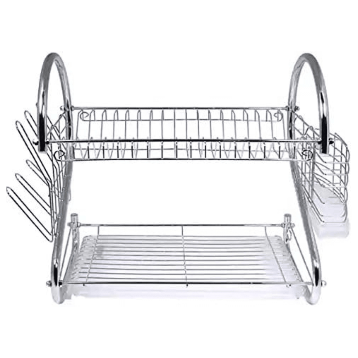 Chrome dish rack with two tiers on a white background