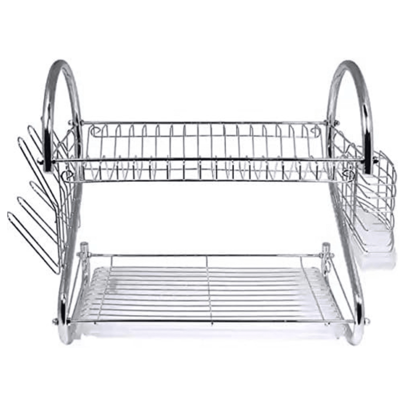 Chrome dish rack with two tiers on a white background