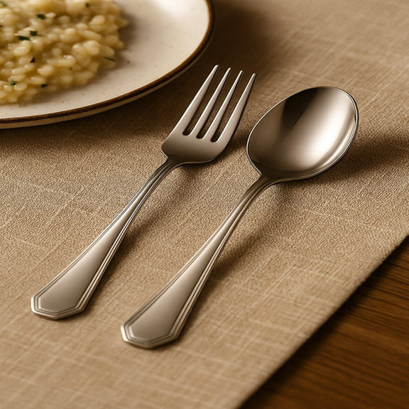 Silver fork and spoon on a textured surface with a plate of food in the background